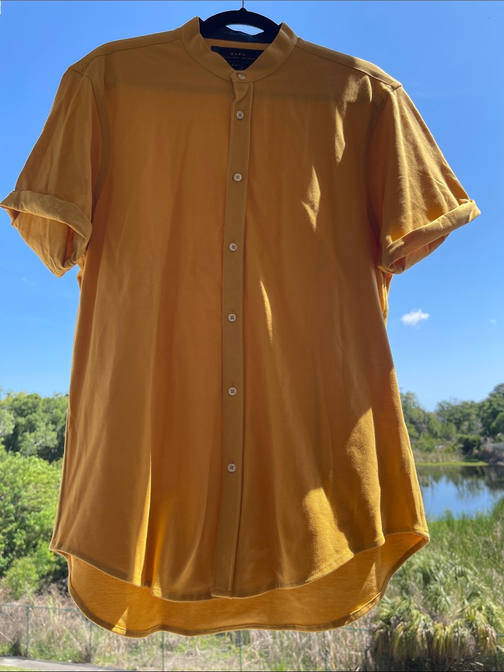 Zara Mustard Yellow Short-Sleeve Button-Down Shirt with Dark Blue Collar Sz:L